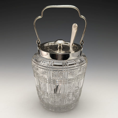 British antique cut glass jam pot silver plate lid with spoon